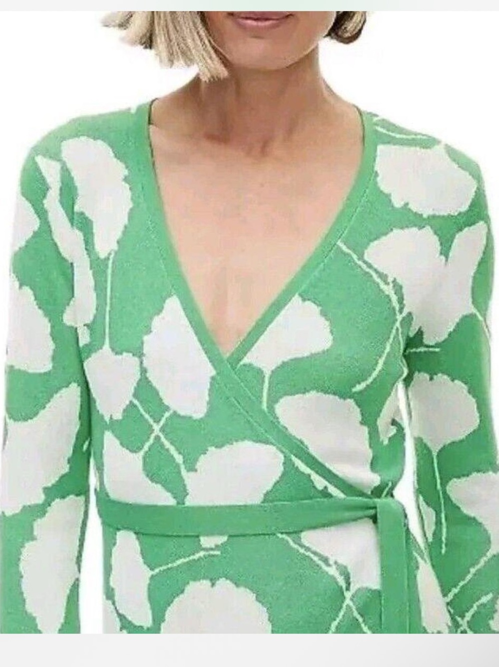Diane Von Furstenberg Green and White Floral Wrap Tunic Top